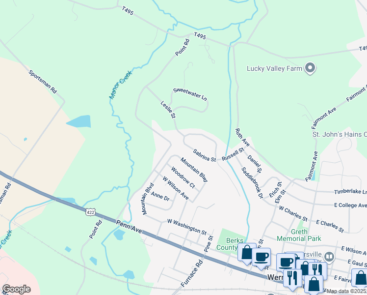 map of restaurants, bars, coffee shops, grocery stores, and more near 36 Sabrina Street in Wernersville