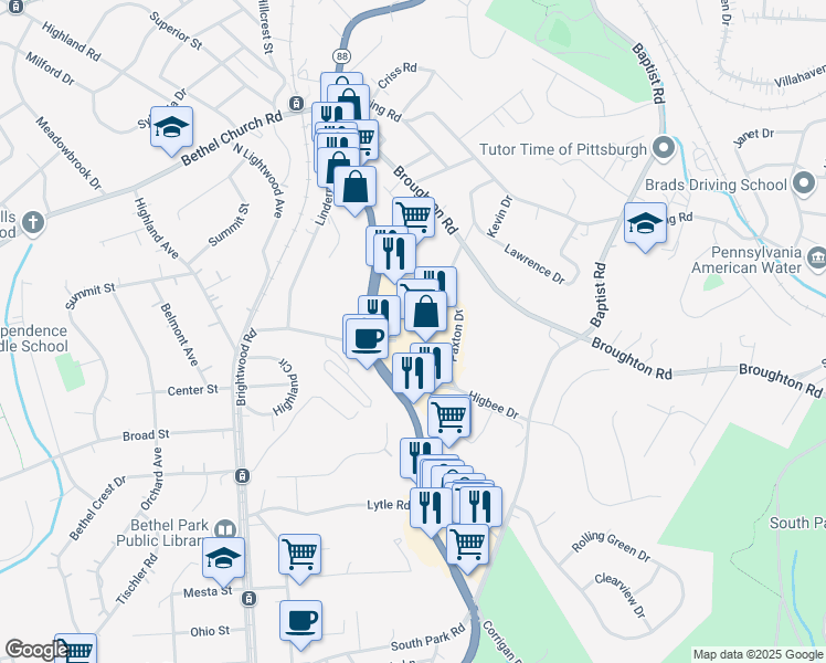map of restaurants, bars, coffee shops, grocery stores, and more near 5055 Library Road in Bethel Park