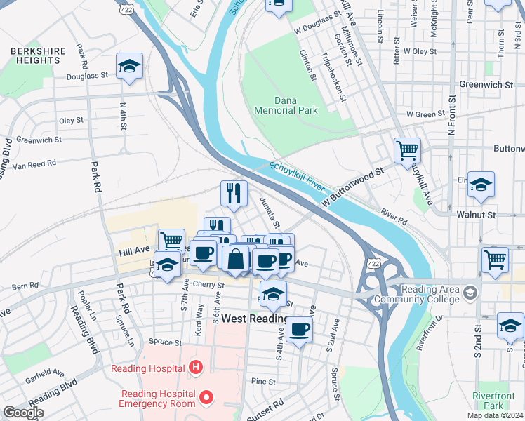 map of restaurants, bars, coffee shops, grocery stores, and more near 201 Olive Street in West Reading