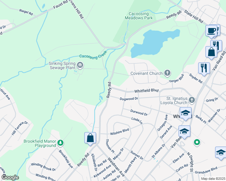 map of restaurants, bars, coffee shops, grocery stores, and more near 1610 Whitfield Boulevard in Reading