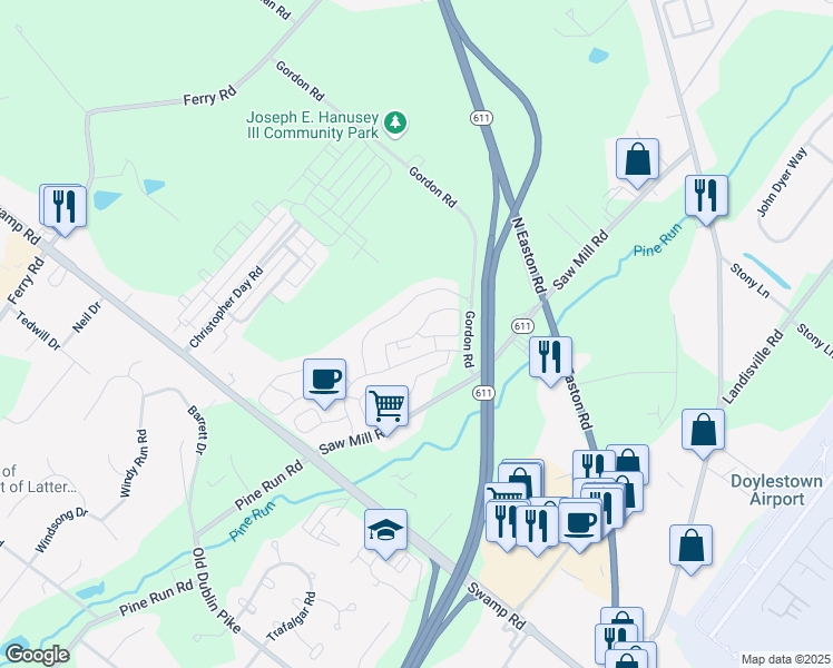 map of restaurants, bars, coffee shops, grocery stores, and more near 5567 Rinker Circle in Doylestown