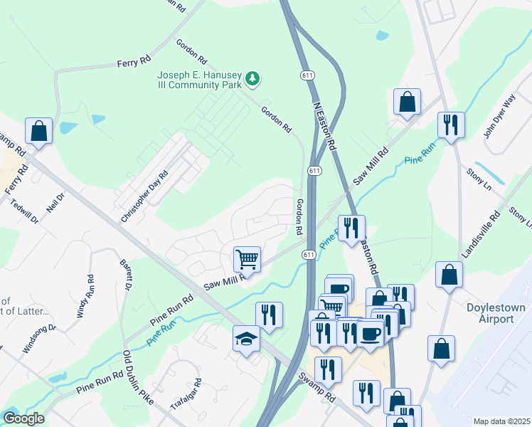 map of restaurants, bars, coffee shops, grocery stores, and more near 5553 Rinker Circle in Doylestown