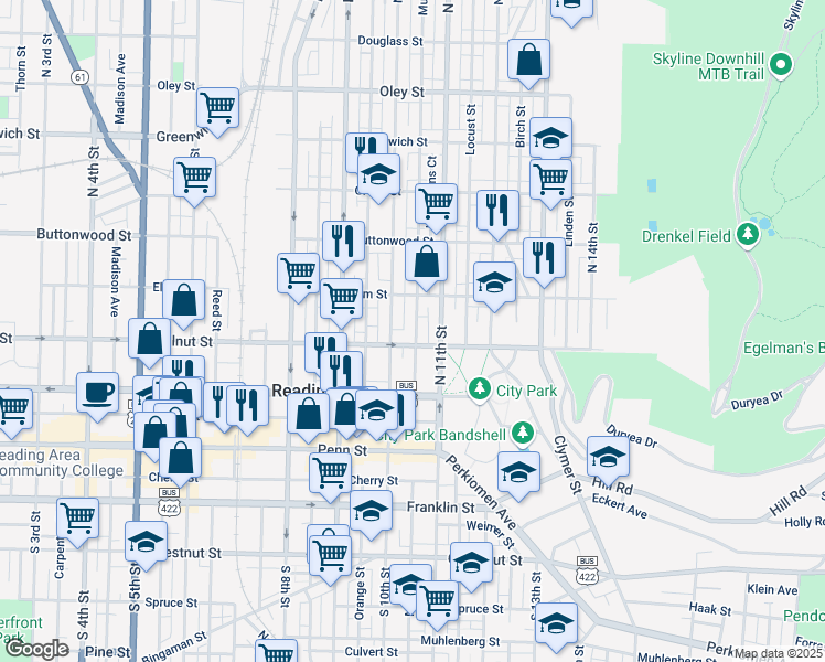 map of restaurants, bars, coffee shops, grocery stores, and more near 216 Mulberry Street in Reading