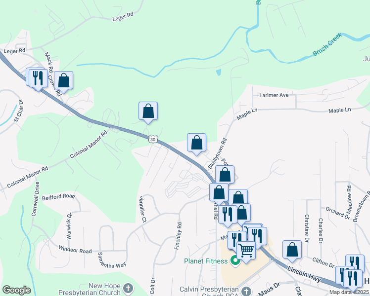 map of restaurants, bars, coffee shops, grocery stores, and more near U.S. 30 in Irwin