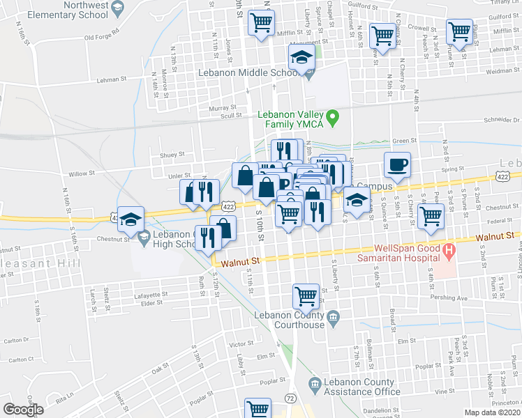 map of restaurants, bars, coffee shops, grocery stores, and more near 940 Cumberland Street in Lebanon