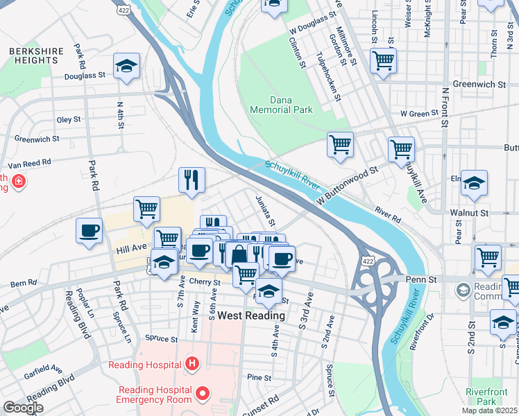 map of restaurants, bars, coffee shops, grocery stores, and more near 201 Olive Street in West Reading