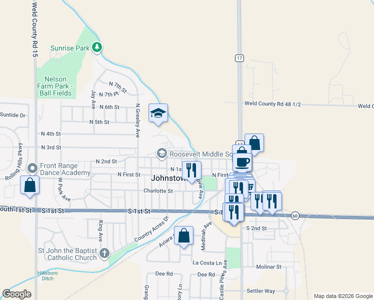 map of restaurants, bars, coffee shops, grocery stores, and more near 505 North 2nd Street in Johnstown