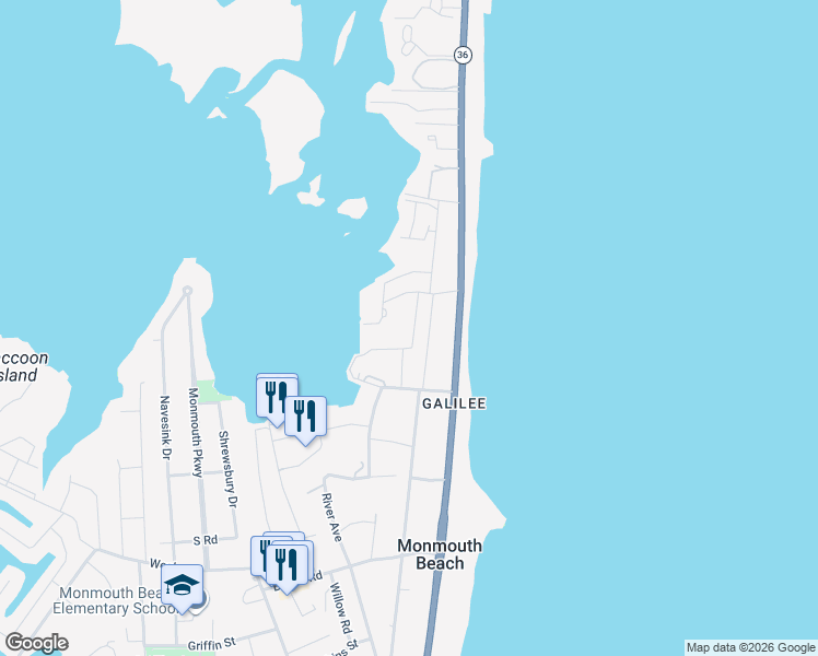 map of restaurants, bars, coffee shops, grocery stores, and more near 82 Seaview Avenue in Monmouth Beach