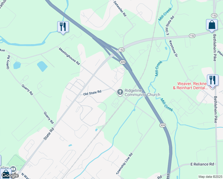 map of restaurants, bars, coffee shops, grocery stores, and more near 3065 Old State Road in Telford