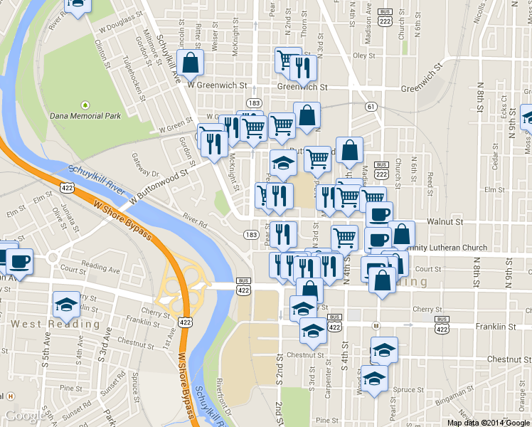 map of restaurants, bars, coffee shops, grocery stores, and more near 127 Walnut Street in Reading
