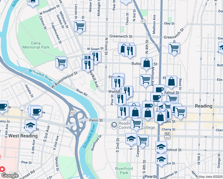 map of restaurants, bars, coffee shops, grocery stores, and more near 127 Walnut Street in Reading