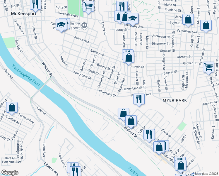 map of restaurants, bars, coffee shops, grocery stores, and more near 1836 Butler Street in McKeesport