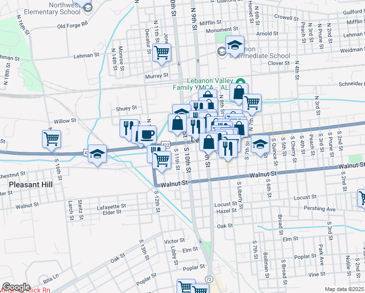 map of restaurants, bars, coffee shops, grocery stores, and more near 15 North 10th Street in Lebanon