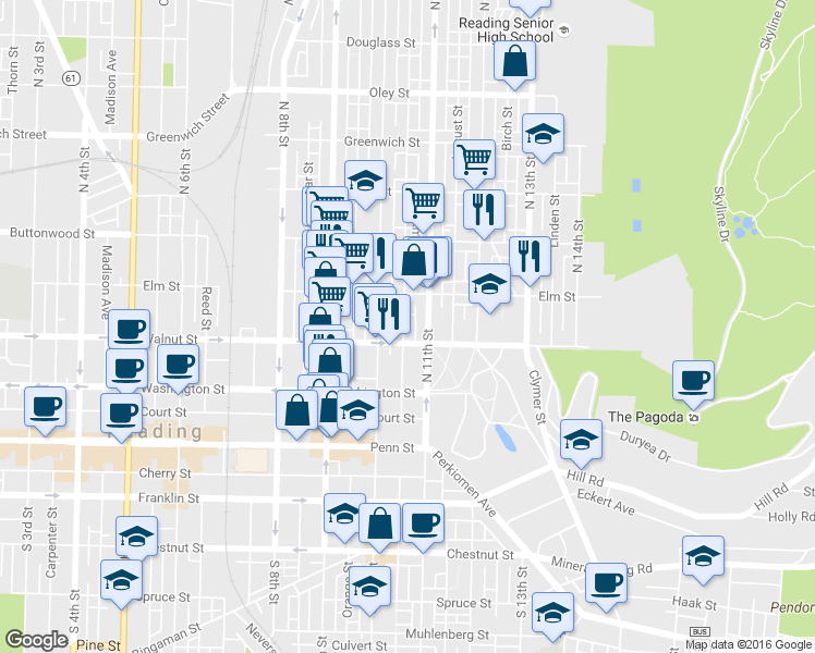 map of restaurants, bars, coffee shops, grocery stores, and more near 219 Mulberry Street in Reading