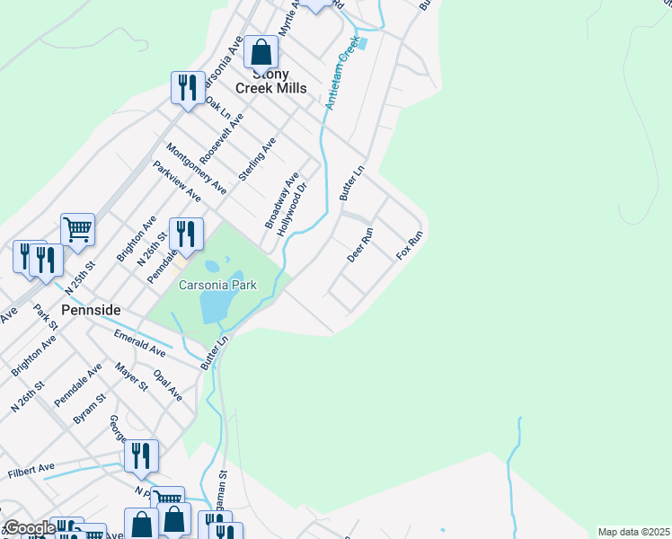 map of restaurants, bars, coffee shops, grocery stores, and more near 1065 Deer Run in Reading