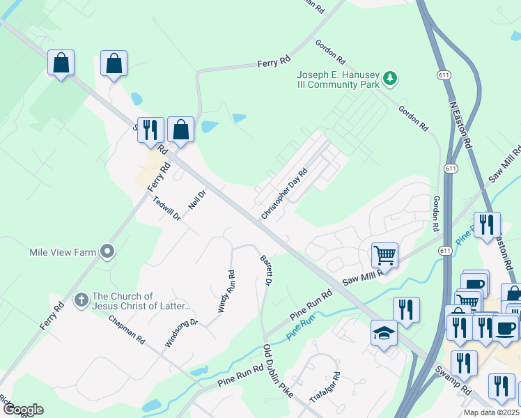 map of restaurants, bars, coffee shops, grocery stores, and more near 3600 Jacob Stout Road in Doylestown
