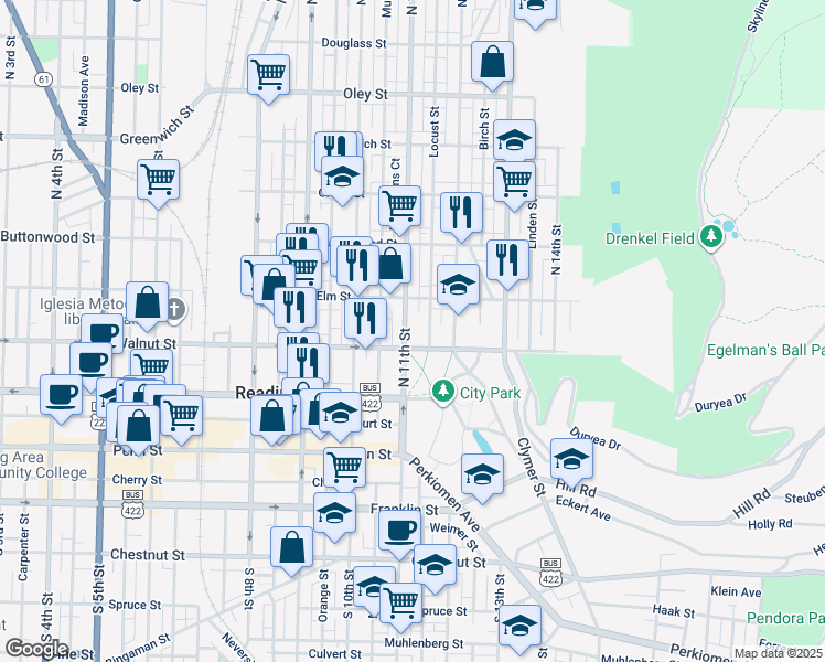 map of restaurants, bars, coffee shops, grocery stores, and more near 1038 Elm Street in Reading