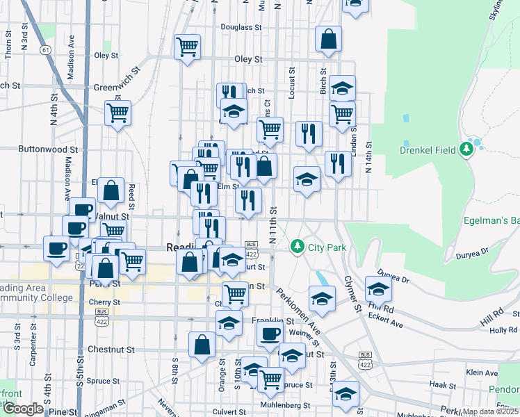 map of restaurants, bars, coffee shops, grocery stores, and more near 219 Mulberry Street in Reading