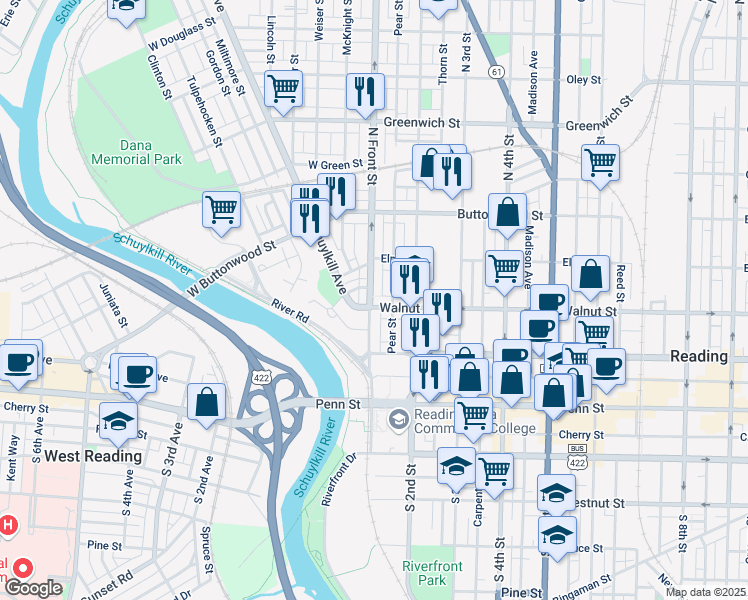map of restaurants, bars, coffee shops, grocery stores, and more near 208 North Front Street in Reading
