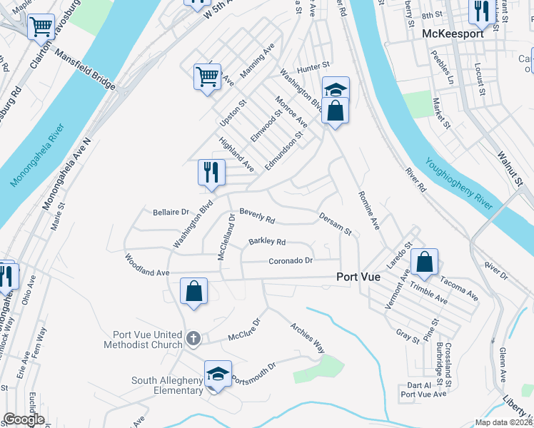 map of restaurants, bars, coffee shops, grocery stores, and more near 204 Dersam Street in McKeesport