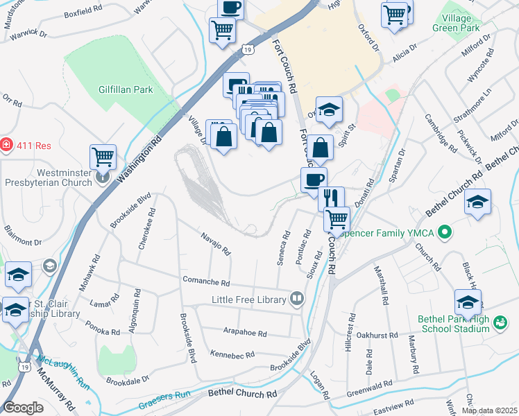 map of restaurants, bars, coffee shops, grocery stores, and more near in Bethel Park