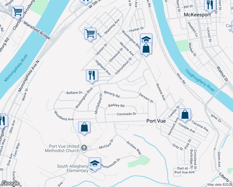map of restaurants, bars, coffee shops, grocery stores, and more near 204 Dersam Street in McKeesport