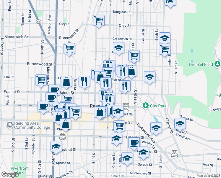 map of restaurants, bars, coffee shops, grocery stores, and more near 217 North 9th Street in Reading