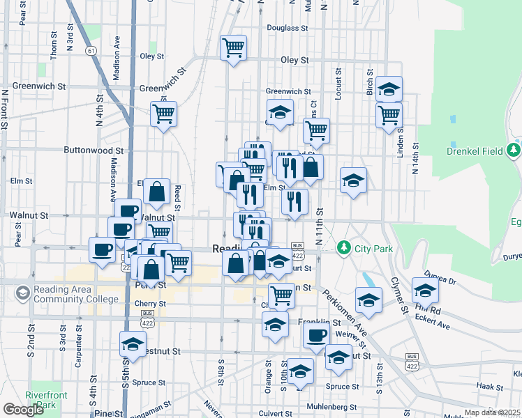 map of restaurants, bars, coffee shops, grocery stores, and more near 217 North 9th Street in Reading
