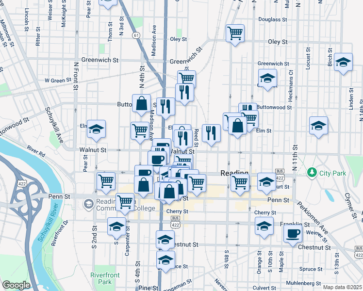 map of restaurants, bars, coffee shops, grocery stores, and more near 210 N 6th St in Reading