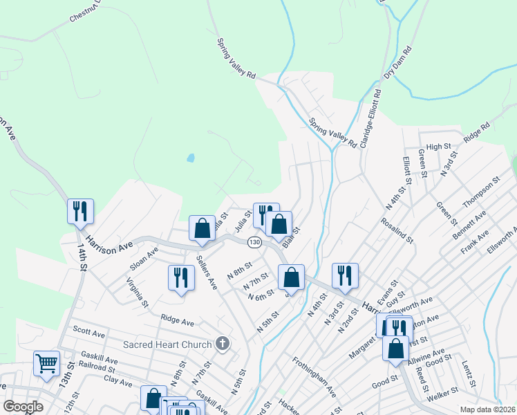 map of restaurants, bars, coffee shops, grocery stores, and more near 825 Laura Street in Jeannette
