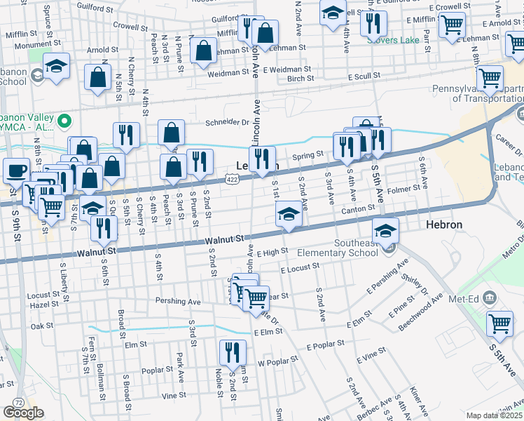 map of restaurants, bars, coffee shops, grocery stores, and more near 6 East Chestnut Street in Lebanon