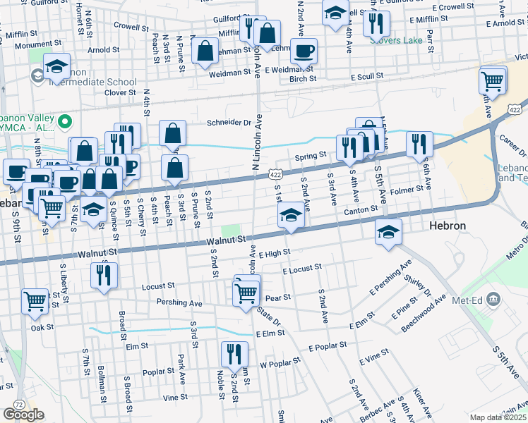 map of restaurants, bars, coffee shops, grocery stores, and more near 6 East Chestnut Street in Lebanon