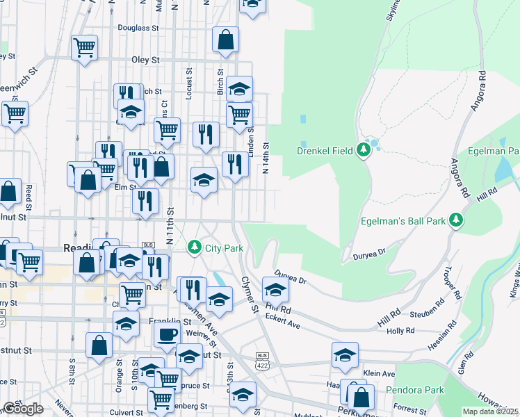 map of restaurants, bars, coffee shops, grocery stores, and more near 234 North 14th Street in Reading