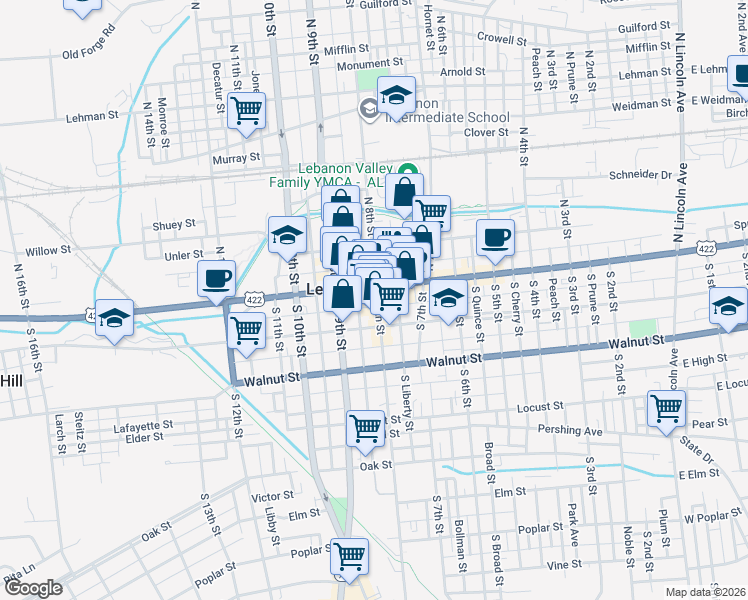 map of restaurants, bars, coffee shops, grocery stores, and more near 801 Cumberland Street in Lebanon