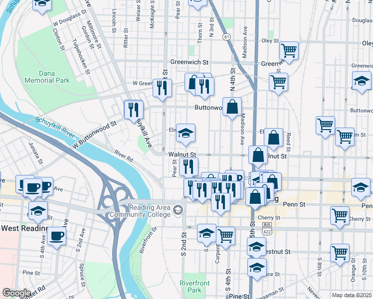 map of restaurants, bars, coffee shops, grocery stores, and more near 251 North 2nd Street in Reading