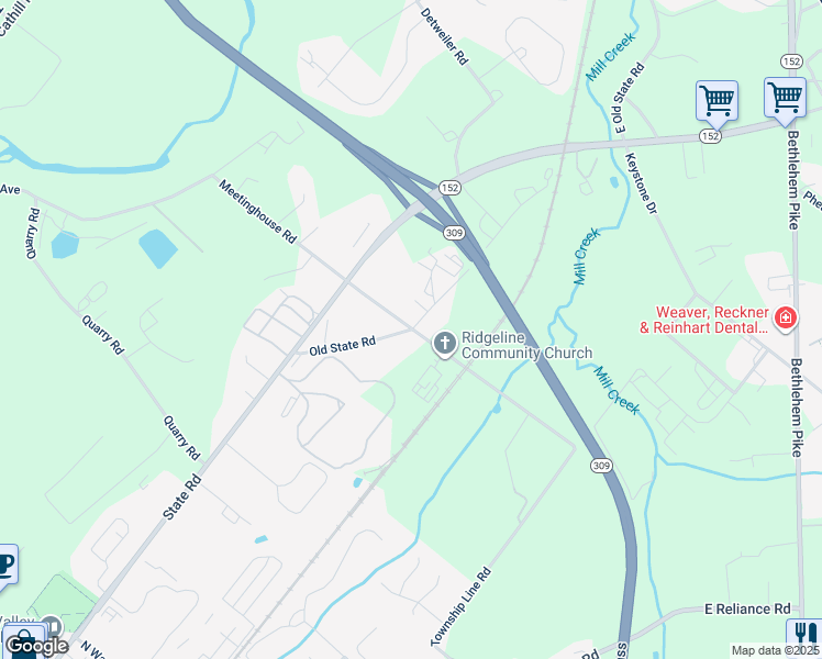 map of restaurants, bars, coffee shops, grocery stores, and more near 3065 Old State Road in Telford