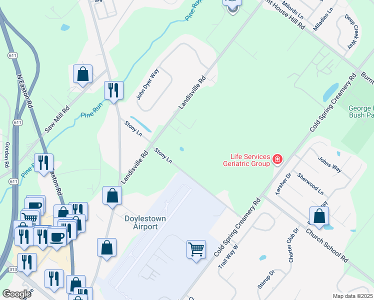 map of restaurants, bars, coffee shops, grocery stores, and more near 4193 Stony Lane in Doylestown