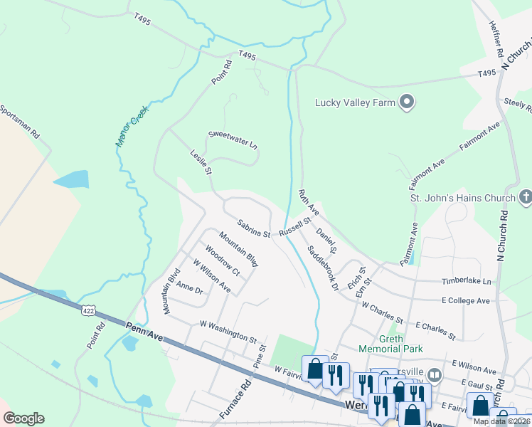 map of restaurants, bars, coffee shops, grocery stores, and more near 58 Sabrina Street in Wernersville