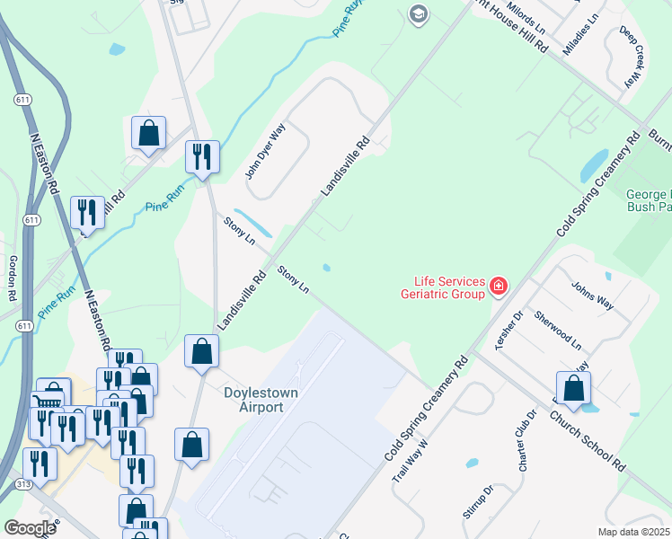 map of restaurants, bars, coffee shops, grocery stores, and more near 4193 Stony Lane in Doylestown