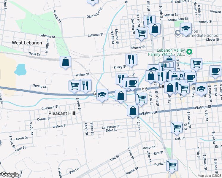 map of restaurants, bars, coffee shops, grocery stores, and more near 1400 Bittner Boulevard in Lebanon