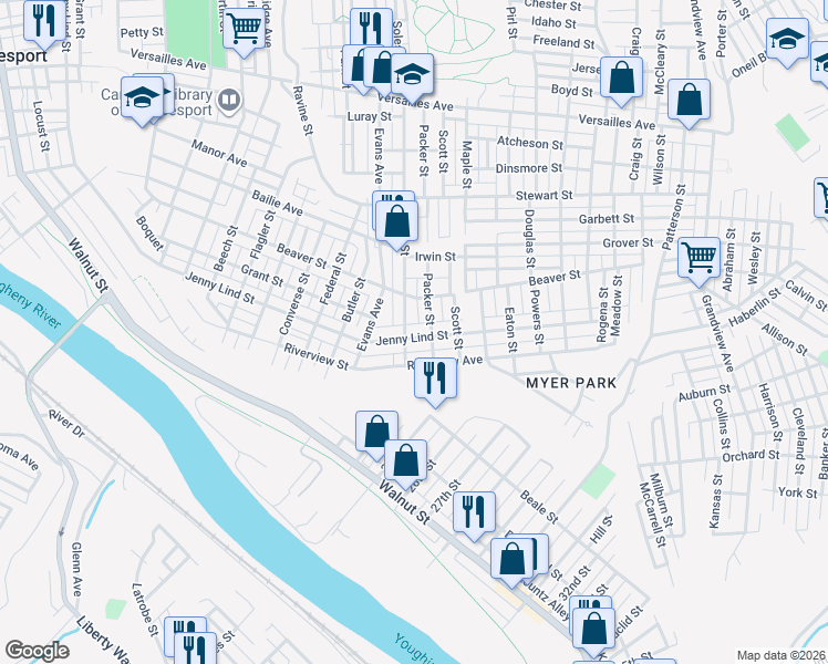 map of restaurants, bars, coffee shops, grocery stores, and more near 1811 Soles Street in McKeesport