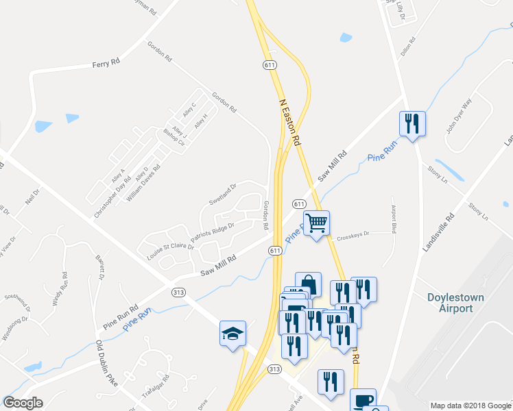 map of restaurants, bars, coffee shops, grocery stores, and more near 5516 Rinker Circle in Doylestown