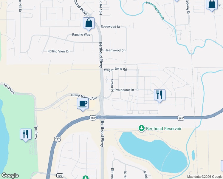 map of restaurants, bars, coffee shops, grocery stores, and more near 2878 Urban Place in Berthoud