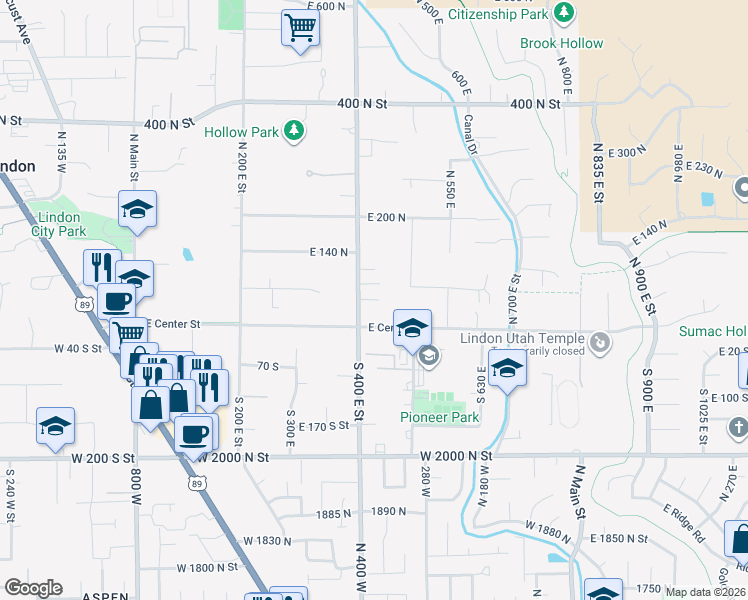 map of restaurants, bars, coffee shops, grocery stores, and more near 70 400 East in Lindon