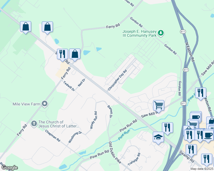 map of restaurants, bars, coffee shops, grocery stores, and more near 3624 Jacob Stout Road in Doylestown