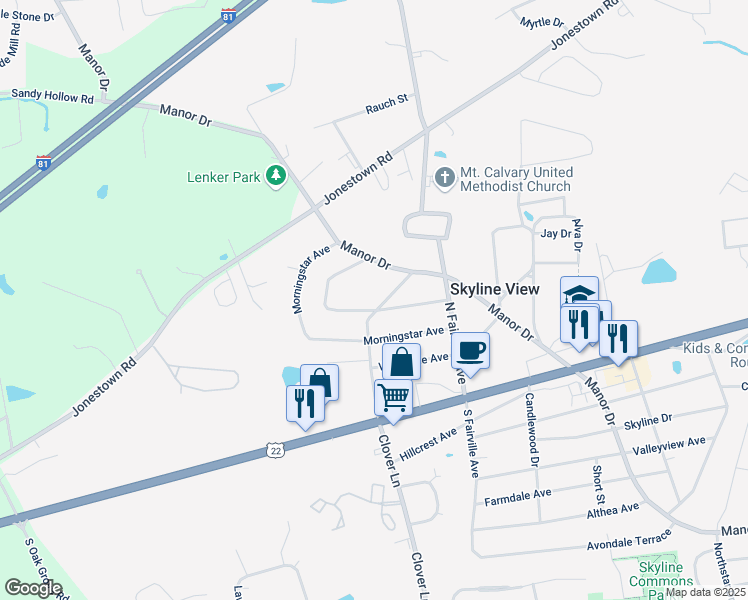 map of restaurants, bars, coffee shops, grocery stores, and more near 7548 Lakeside Avenue in Harrisburg