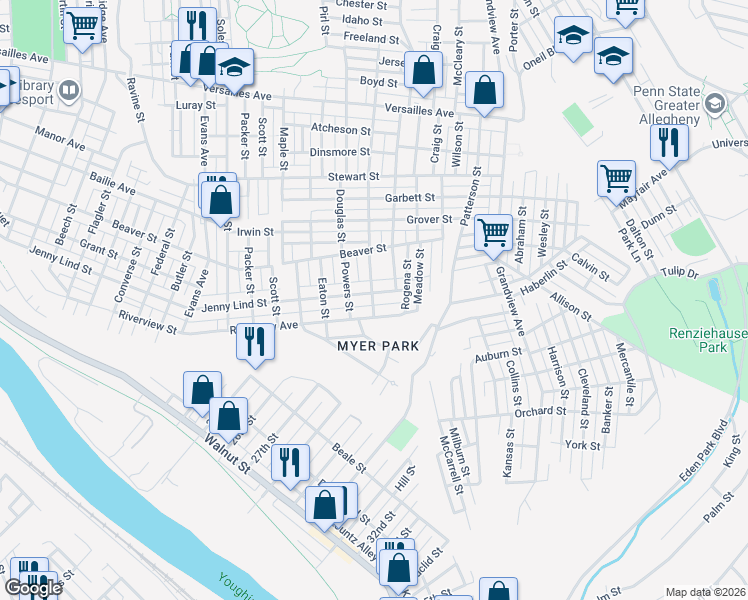 map of restaurants, bars, coffee shops, grocery stores, and more near 3005 Jenny Lind Street in McKeesport