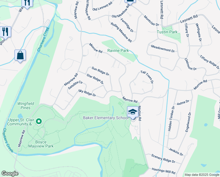 map of restaurants, bars, coffee shops, grocery stores, and more near 1330 Sun Ridge Drive in Pittsburgh