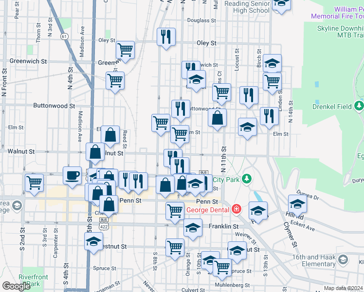 map of restaurants, bars, coffee shops, grocery stores, and more near 219 North 9th Street in Reading