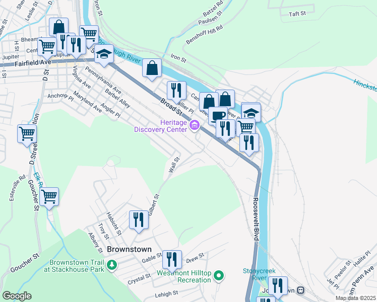 map of restaurants, bars, coffee shops, grocery stores, and more near 500-720 Pennsylvania Avenue in Johnstown